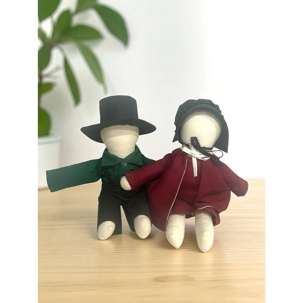 Vtg Handmade Primitive Cloth Amish Dolls No Face Boy & Girl Bonnet Hat